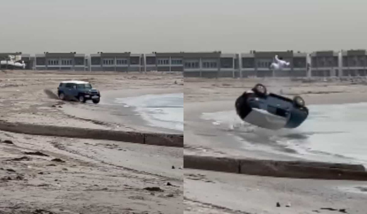 vídeo viral: motorista faz manobra perigosa com toyota fj cruiser em praia e é ejetado